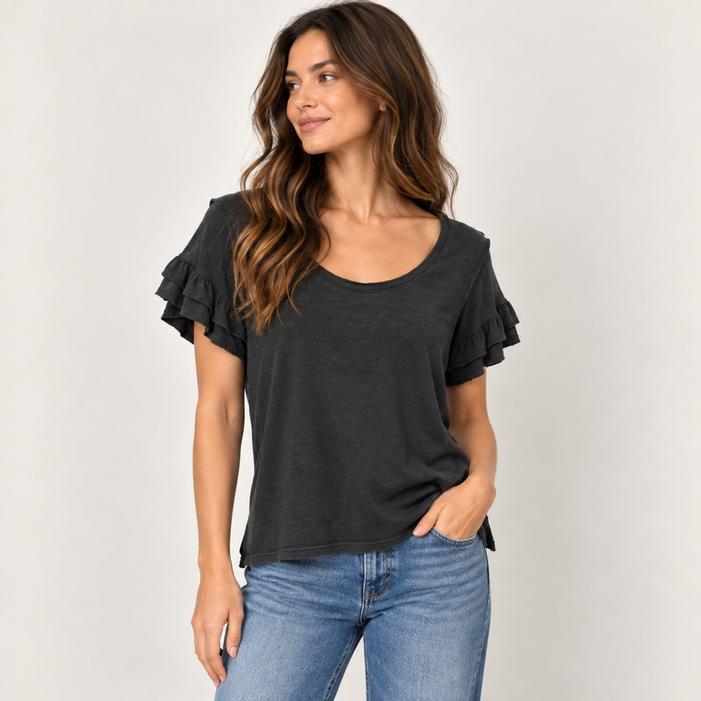 Anthropologie Pilcro Heritage Femme Ruffle Sleeve Tee M Washed Black Cotton